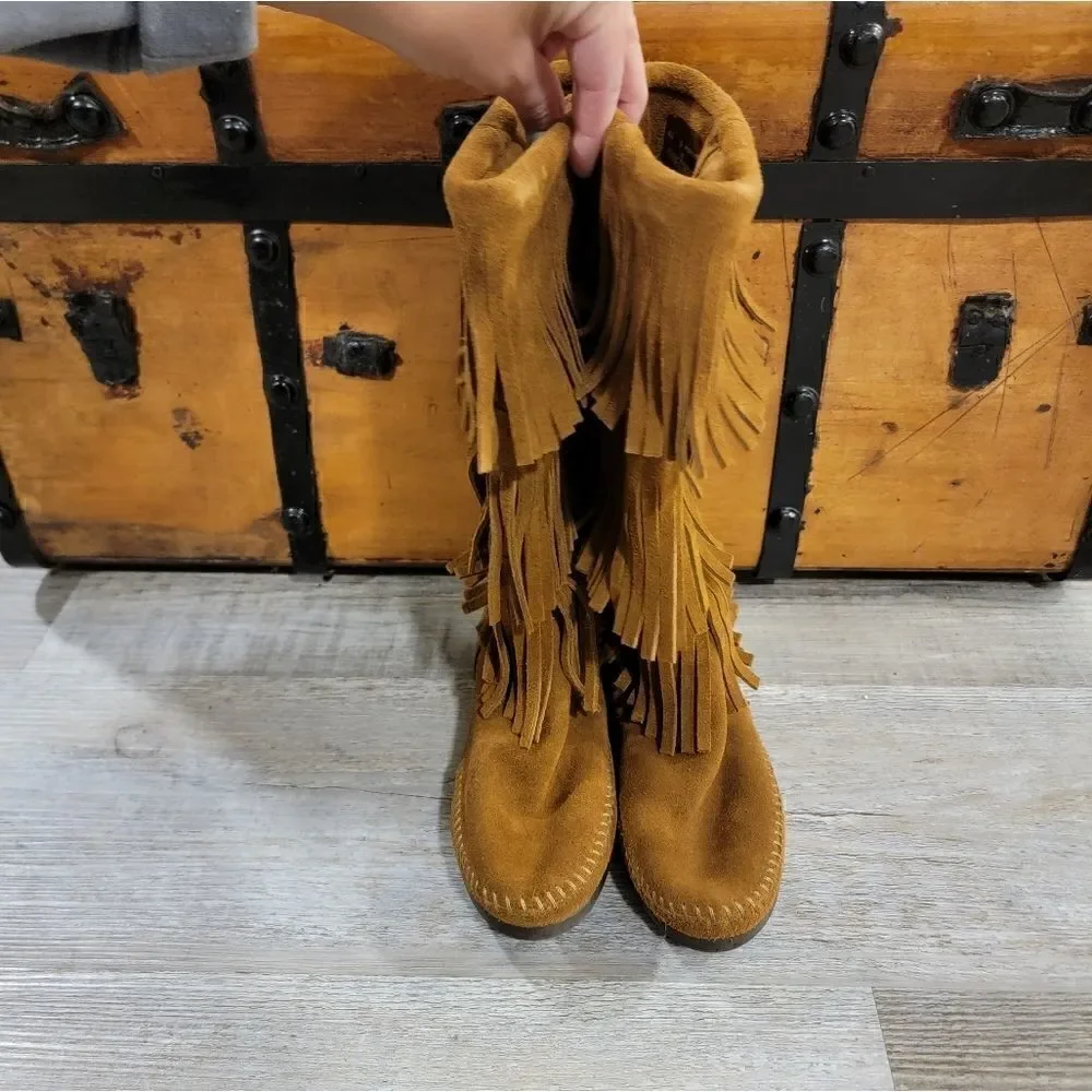 Minnetonka 1638 Calf Hi 3-Layer Fringe Brown Boots size 6
